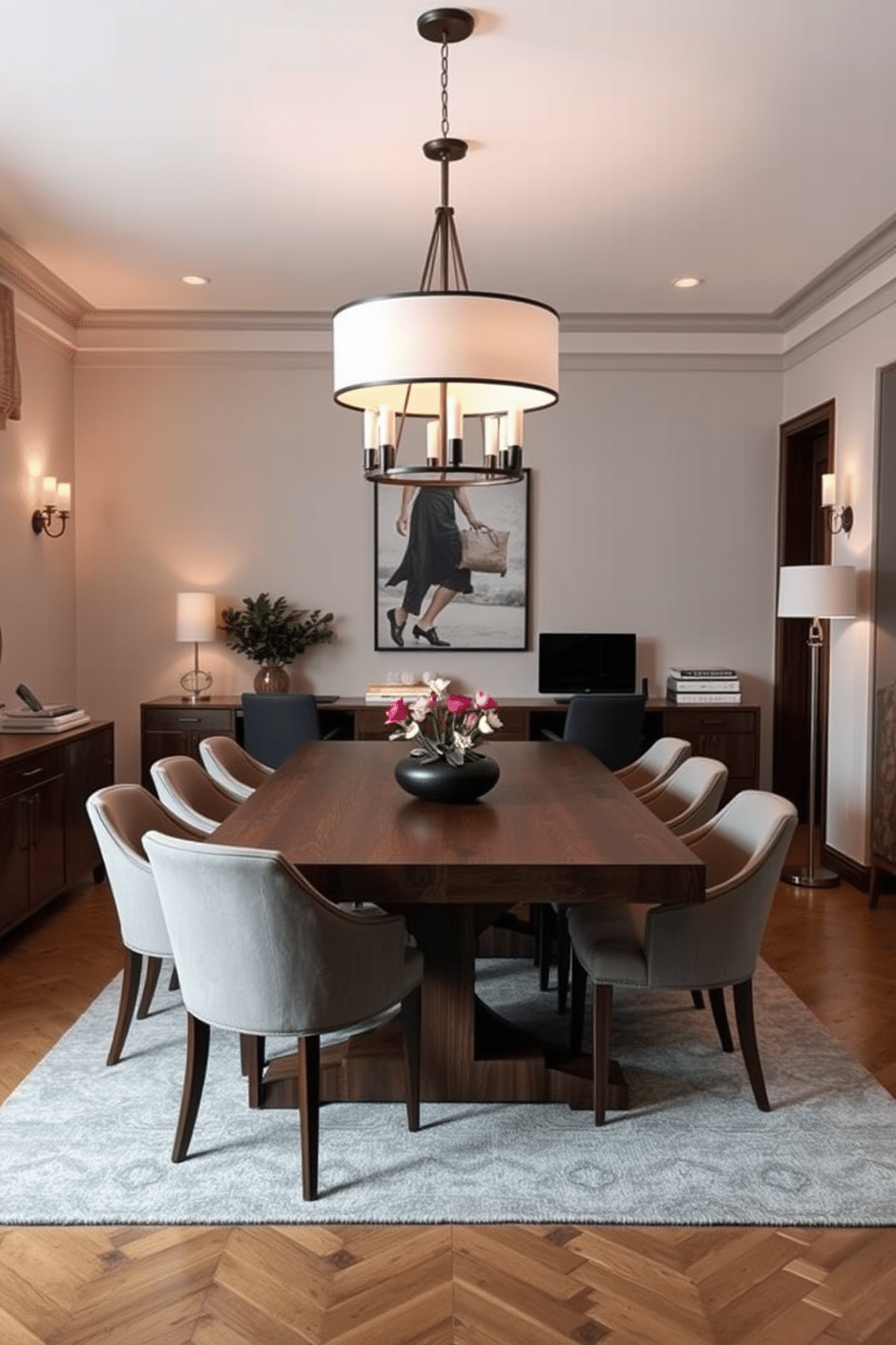 A dining room office combo that seamlessly integrates work and leisure. The space features a large wooden table surrounded by elegant chairs, with a stylish pendant light above to enhance the atmosphere. Incorporate layered lighting to create a warm and inviting environment. Wall sconces and a floor lamp provide additional illumination, ensuring both functionality and ambiance in the room.