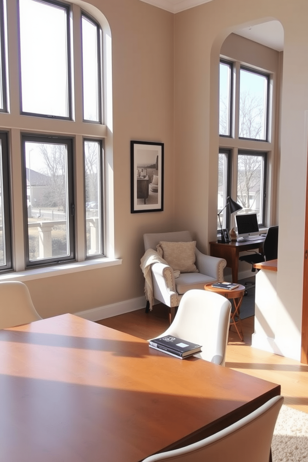 A stylish dining room office combo featuring a comfortable armchair in a cozy reading nook. The space includes a sleek wooden dining table paired with modern chairs, while a well-lit corner showcases a plush armchair with a soft throw blanket and a small side table for books. The walls are painted in a warm neutral tone, enhancing the inviting atmosphere of the room. Large windows allow natural light to flood in, creating a bright and airy workspace that seamlessly blends with the dining area.