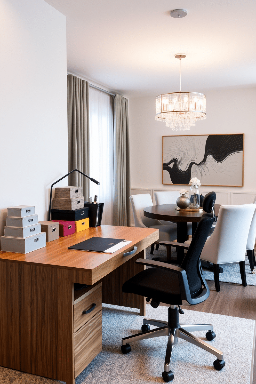 A stylish office space integrated into a dining room, featuring a sleek wooden desk paired with a comfortable ergonomic chair. Decorative boxes in various sizes and textures organize office supplies, adding a touch of elegance to the workspace. The dining area boasts a modern table surrounded by upholstered chairs, creating a harmonious blend of functionality and aesthetics. Soft lighting from a contemporary chandelier illuminates the space, enhancing the inviting atmosphere for both work and dining.