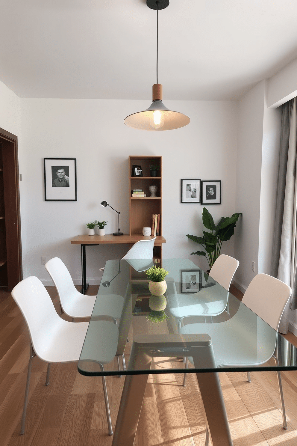 A sleek glass dining table sits at the center of the room, surrounded by minimalist chairs that enhance the open feel. A stylish pendant light hangs above, casting a warm glow over the space, while a small bookshelf against the wall adds functionality and charm. In one corner, a compact desk with a contemporary design blends seamlessly with the dining area, creating an efficient workspace. Decorative elements like framed art and potted plants bring life to the combined dining and office space, ensuring it remains inviting and stylish.