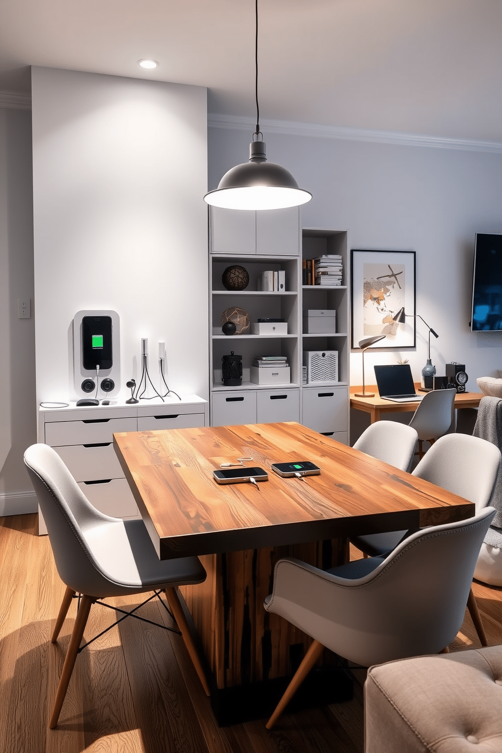 A modern tech charging station seamlessly integrated into a dining room office combo. The station features a sleek, minimalist design with built-in USB ports and wireless charging pads, surrounded by stylish decor elements that complement the overall aesthetic of the space. The dining area boasts a large, elegant table made of reclaimed wood, paired with contemporary chairs that provide comfort and style. Soft ambient lighting from a pendant fixture above the table enhances the inviting atmosphere, while a small bookshelf nearby holds office supplies and decorative items for a cohesive look.