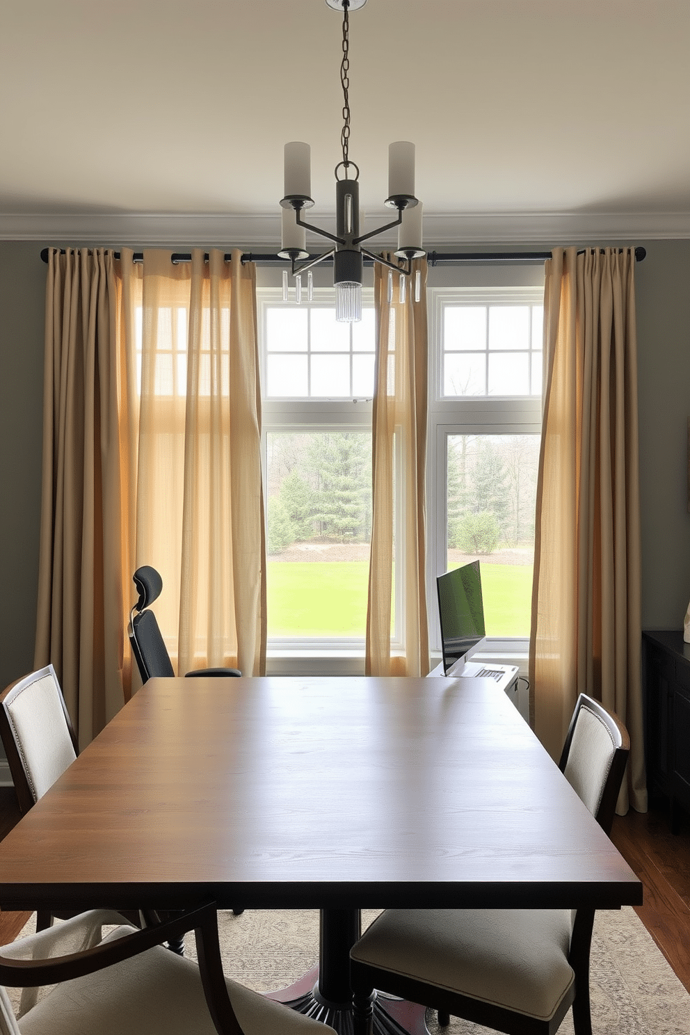 A cozy dining room office combo features a large wooden table that serves as both a workspace and a dining area. Soft, flowing curtains in a warm beige frame the windows, enhancing the room's inviting atmosphere while providing privacy. On one side of the table, a stylish ergonomic chair complements the dining chairs, creating a cohesive look. The walls are painted a soft gray, and a statement light fixture hangs above the table, adding elegance to the multifunctional space.