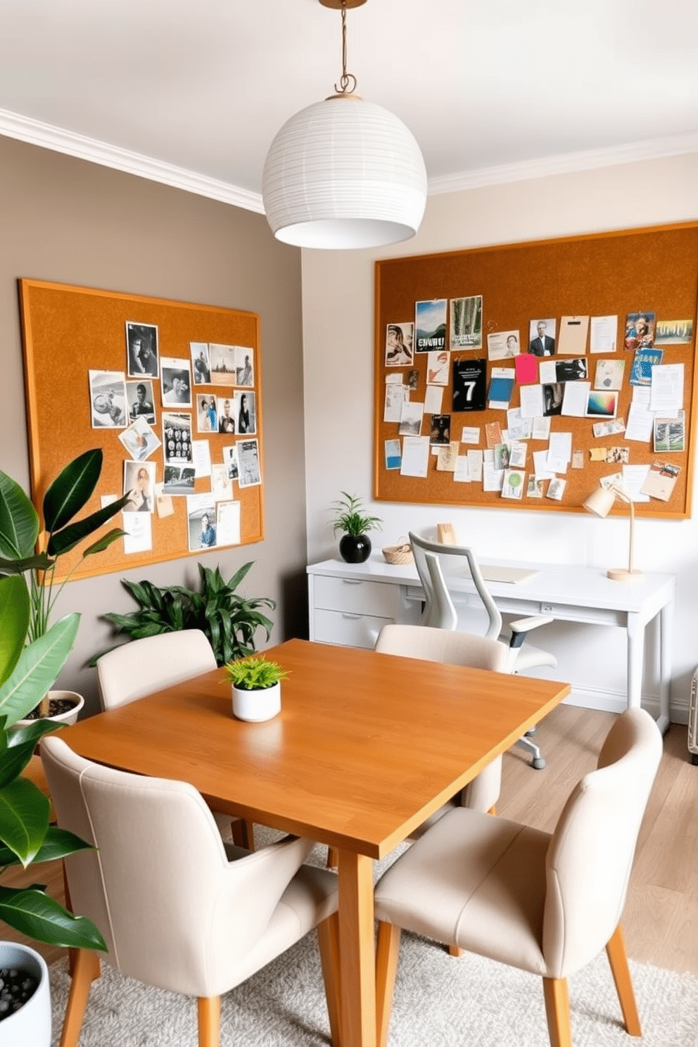 A stylish dining room office combo features a sleek wooden table surrounded by upholstered chairs, creating a warm and inviting atmosphere. On one wall, a large corkboard is mounted, filled with inspiring images, notes, and color swatches that enhance creativity and organization. Adjacent to the dining area, a modern desk with a minimalist design is positioned, complemented by a comfortable ergonomic chair. The space is illuminated by a statement pendant light, while greenery in the form of potted plants adds a refreshing touch to the overall aesthetic.