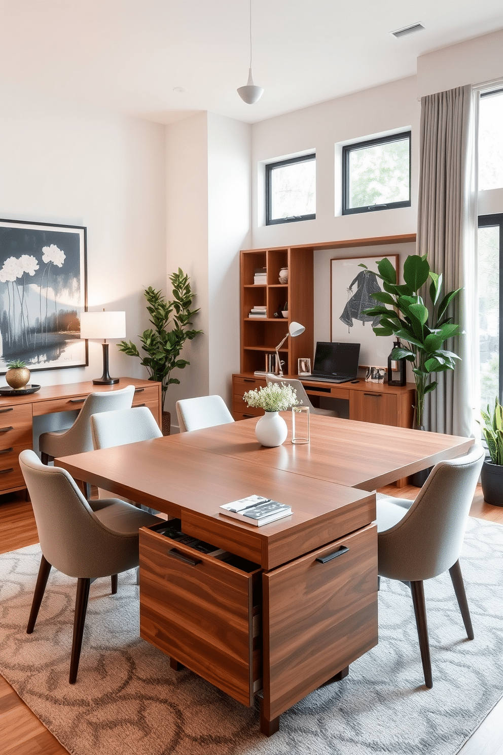 A modern dining room office combo features a sleek dining table with built-in drawers, providing both functionality and style. The table is surrounded by elegant, upholstered chairs that complement the warm wood tones of the furniture. In one corner, a stylish desk integrates seamlessly with the dining area, adorned with a minimalist lamp and organized stationery. Large windows allow natural light to flood the space, highlighting the contemporary artwork on the walls and the lush greenery from potted plants nearby.