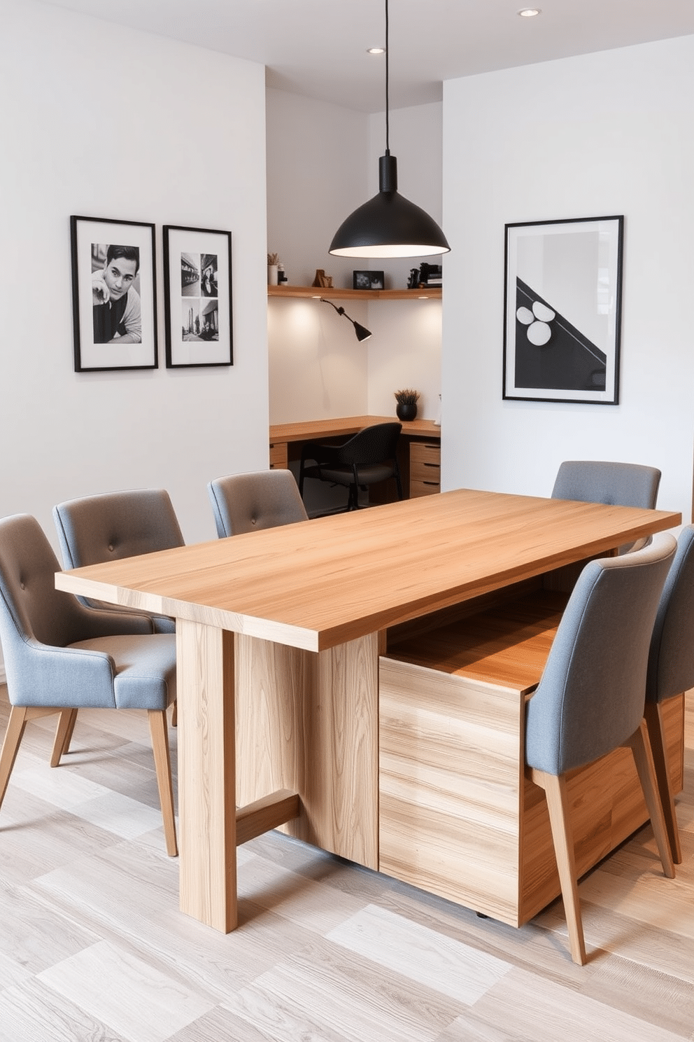 A dual-purpose dining table with integrated storage features a sleek, modern design crafted from light oak. Surrounding the table are stylish, upholstered chairs that complement the warm wood tones, creating an inviting atmosphere. In the corner of the room, a compact office space is seamlessly integrated, showcasing a minimalist desk and ergonomic chair. The walls are adorned with framed artwork, and a stylish pendant light hangs above the table, enhancing the multifunctional space.