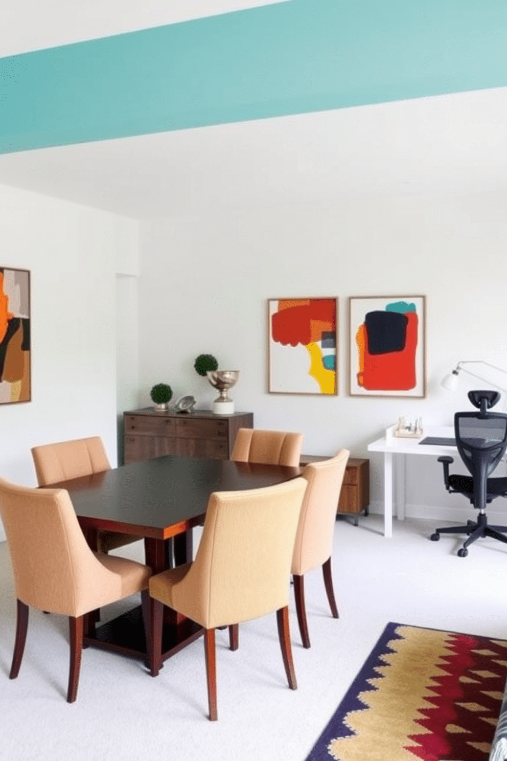 A vibrant accent wall painted in a bold turquoise hue serves as the focal point of the room, adorned with abstract artwork that inspires creativity. The surrounding walls are a soft white, allowing the accent wall to pop and energize the space. The dining area features a modern wooden table surrounded by colorful upholstered chairs, blending comfort with style. Adjacent to this, a sleek office setup includes a minimalist desk and a stylish ergonomic chair, creating a functional yet inviting workspace.