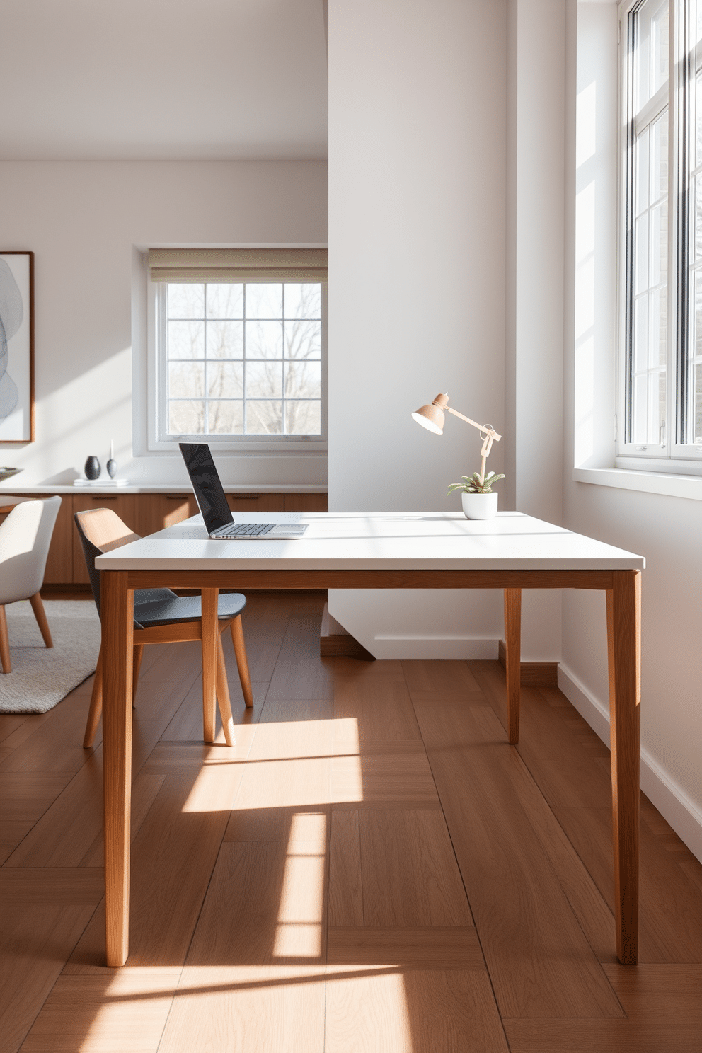 A minimalist desk is seamlessly integrated into the dining area, featuring a sleek, white surface and slender wooden legs that complement the dining table. The surrounding space is adorned with soft, neutral tones, creating a harmonious blend of functionality and elegance. Natural light floods the area through large windows, illuminating the desk and enhancing the inviting atmosphere. A few carefully chosen decorative elements, such as a small potted plant and a stylish lamp, add a touch of personality without cluttering the space.