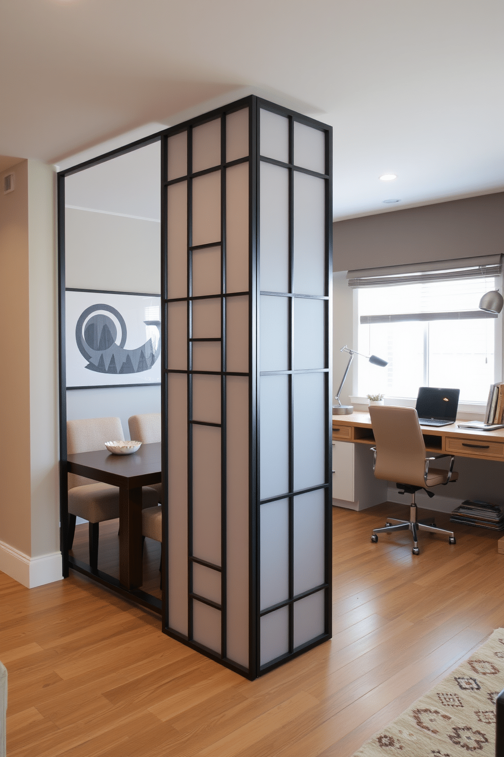 A stylish room divider elegantly separates the dining area from the home office, creating a functional yet visually appealing space. The divider features a modern design with geometric patterns, allowing light to filter through while maintaining privacy. In the dining area, a sleek wooden table is surrounded by upholstered chairs that complement the overall color scheme. The office space includes a minimalist desk with a comfortable chair, accented by decorative shelving that showcases books and personal items.