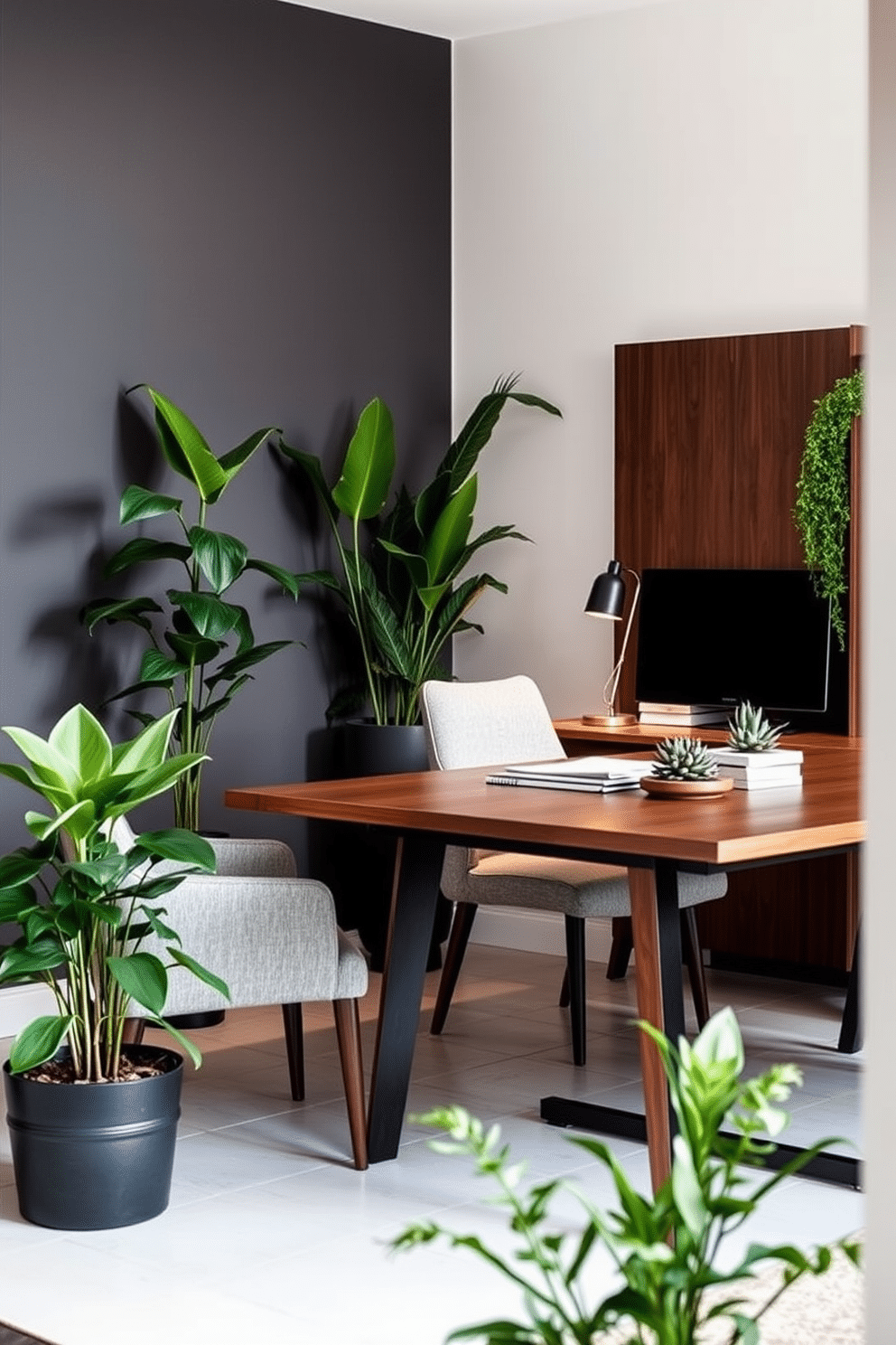 A stylish dining room office combo that seamlessly blends functionality and aesthetics. The space features a sleek wooden dining table surrounded by upholstered chairs, with a modern desk positioned nearby, adorned with a chic desk lamp and organized stationery. Lush green plants are strategically placed throughout the room, adding a fresh and vibrant atmosphere. A large potted plant sits in the corner, while smaller succulents decorate the desk and dining table, enhancing the overall design.