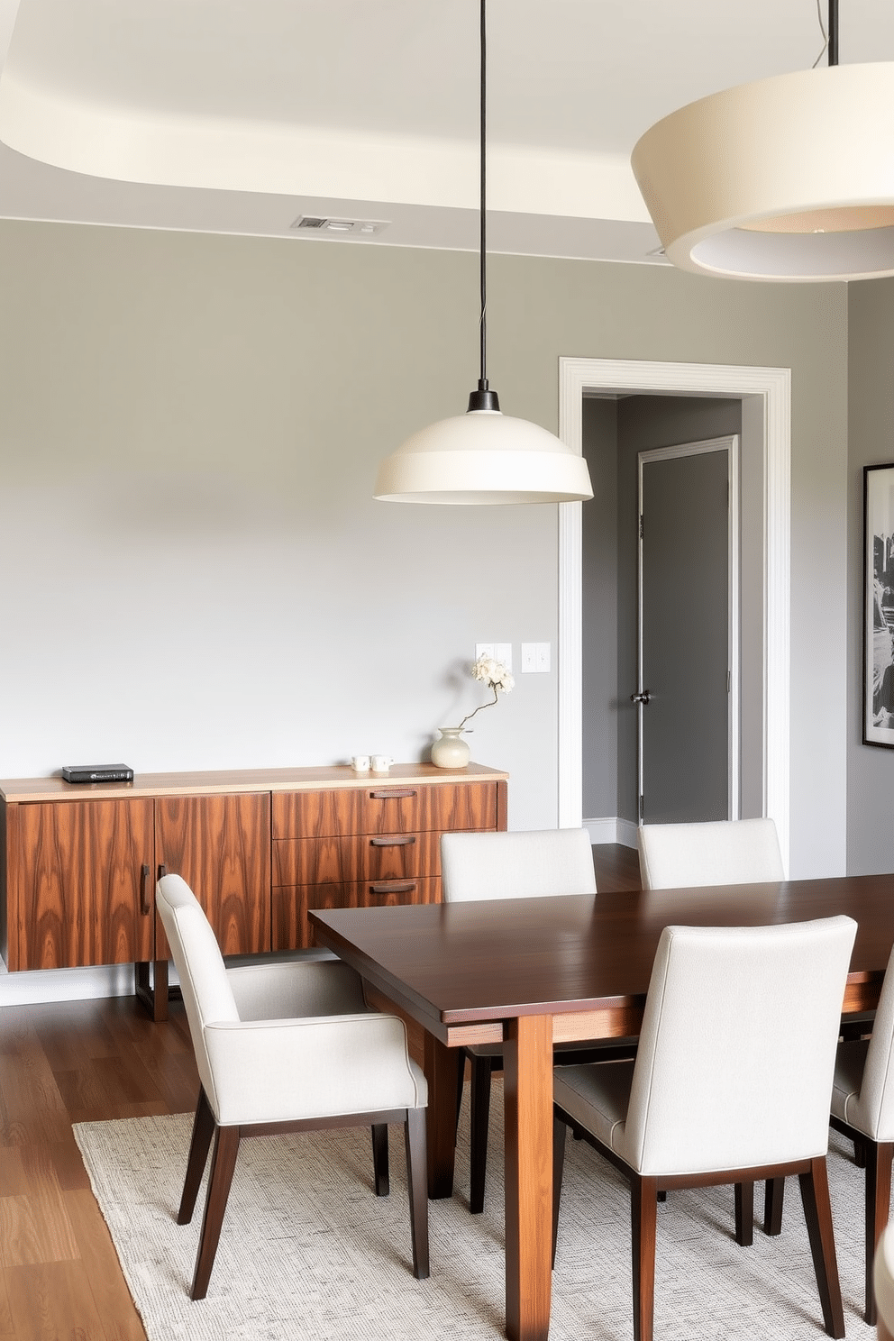 A modern dining room office combo featuring a sleek floating desk positioned above a stylish sideboard. The desk is made of light wood, complementing the sideboard's deep walnut finish, while a contemporary chair with clean lines sits underneath. The walls are painted in a soft gray, creating a calming backdrop for the space. A large pendant light hangs above the dining table, which is surrounded by upholstered chairs, adding warmth and sophistication to the room.