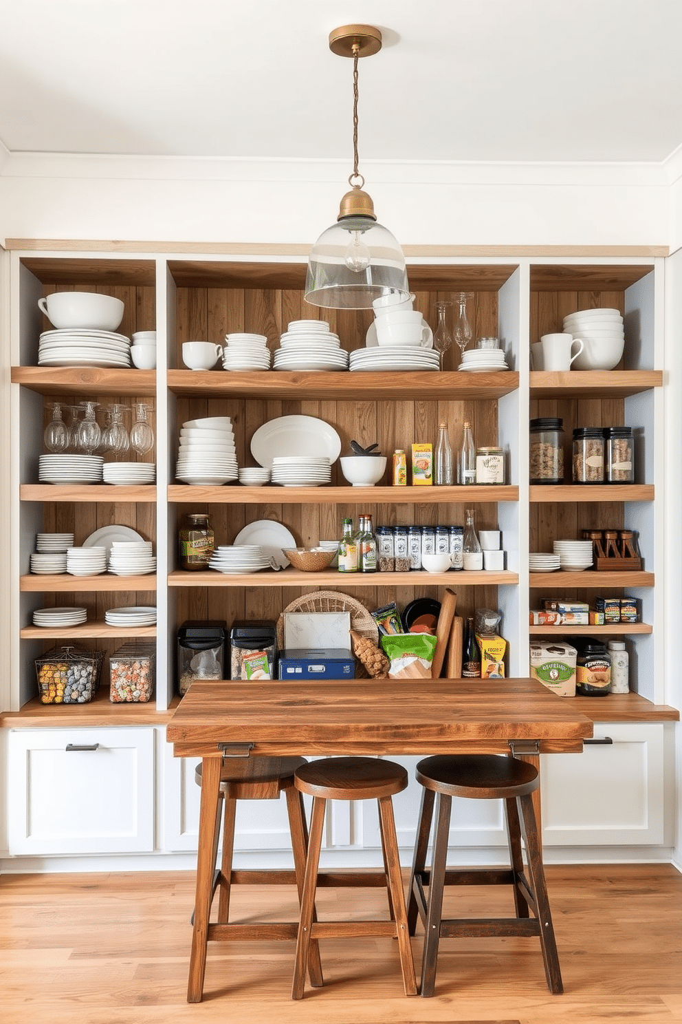 A stylish dining room pantry featuring open shelving for easy access storage. The shelves are made of reclaimed wood, showcasing an array of neatly organized dinnerware, glassware, and pantry staples. The walls are painted a soft white, creating a bright and airy feel, while a chic pendant light hangs above the shelving. A small, rustic table with stools sits in front of the pantry, providing a cozy spot for meal prep or casual dining.