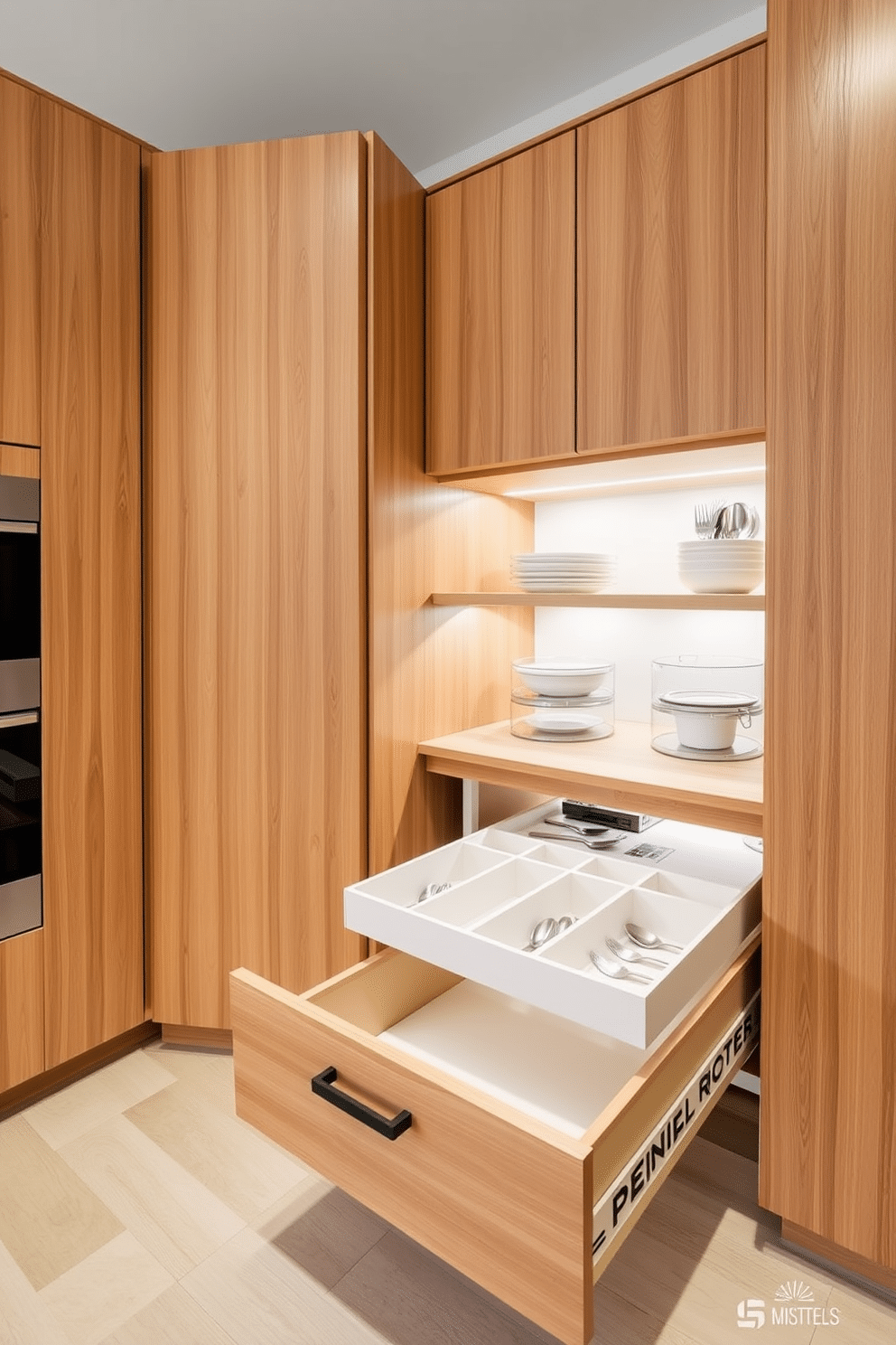 A modern dining room pantry featuring pull-out drawers for hidden organization. The pantry is designed with sleek cabinetry in a warm wood finish, complemented by matte black hardware for a contemporary touch. Inside the pantry, the pull-out drawers are spacious and lined with dividers to keep utensils and dishware neatly arranged. Soft LED lighting illuminates the interior, making it easy to find essentials while adding a warm ambiance to the space.