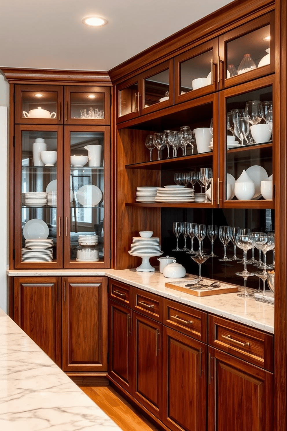 A stylish dining room pantry features glass-front cabinets that elegantly display an array of fine dishware and glassware. The cabinetry is crafted from rich wood, complemented by sleek brass hardware, creating a warm and inviting atmosphere. The pantry is designed with ample shelving to ensure easy access and organization of kitchen essentials. Soft, ambient lighting highlights the beautiful dishware while a chic countertop provides additional space for meal prep and serving.