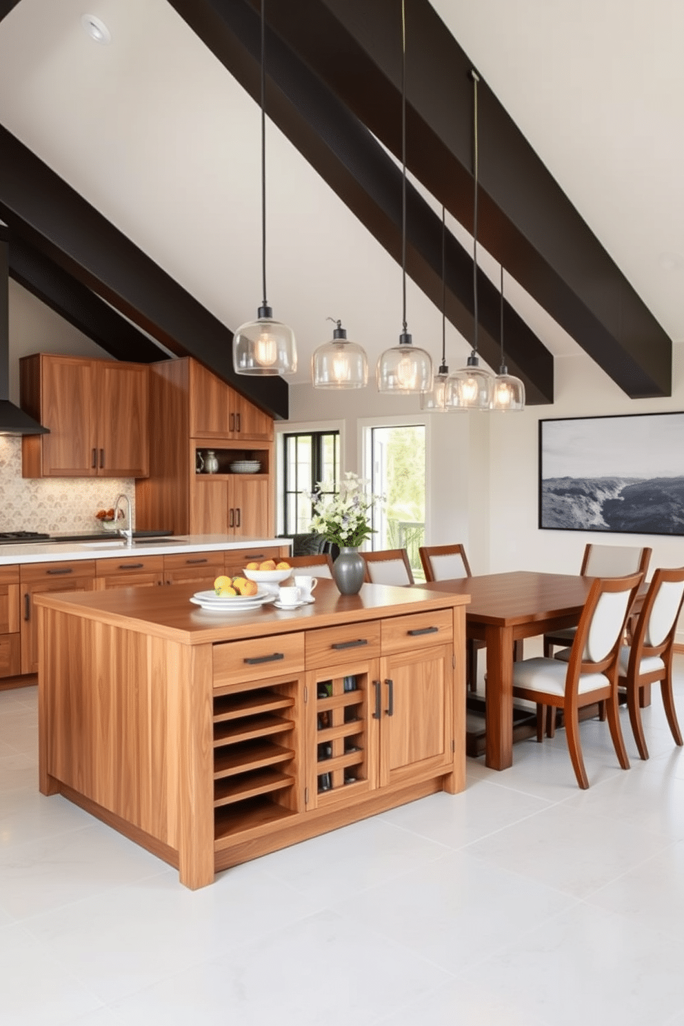 A stylish dining room features a multi-functional island at its center, designed for both food preparation and casual dining. The island incorporates sleek cabinetry and pantry storage, seamlessly blending functionality with modern aesthetics. Surrounding the island, the dining area is adorned with a large wooden table and elegant chairs, creating an inviting atmosphere for family gatherings. Soft lighting fixtures hang above the table, enhancing the warm ambiance of the space.