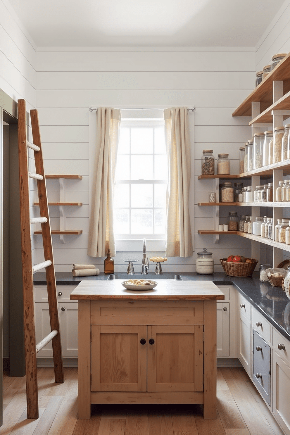 A cozy farmhouse-style pantry featuring shiplap walls painted in a soft white hue. Rustic wooden shelves are lined with glass jars filled with grains and spices, while a vintage ladder leans against one wall for easy access to the top shelves. In the center, a distressed wooden island provides additional counter space, adorned with a bowl of fresh produce. A charming farmhouse sink sits beneath a window, framed with simple linen curtains that allow natural light to filter in.