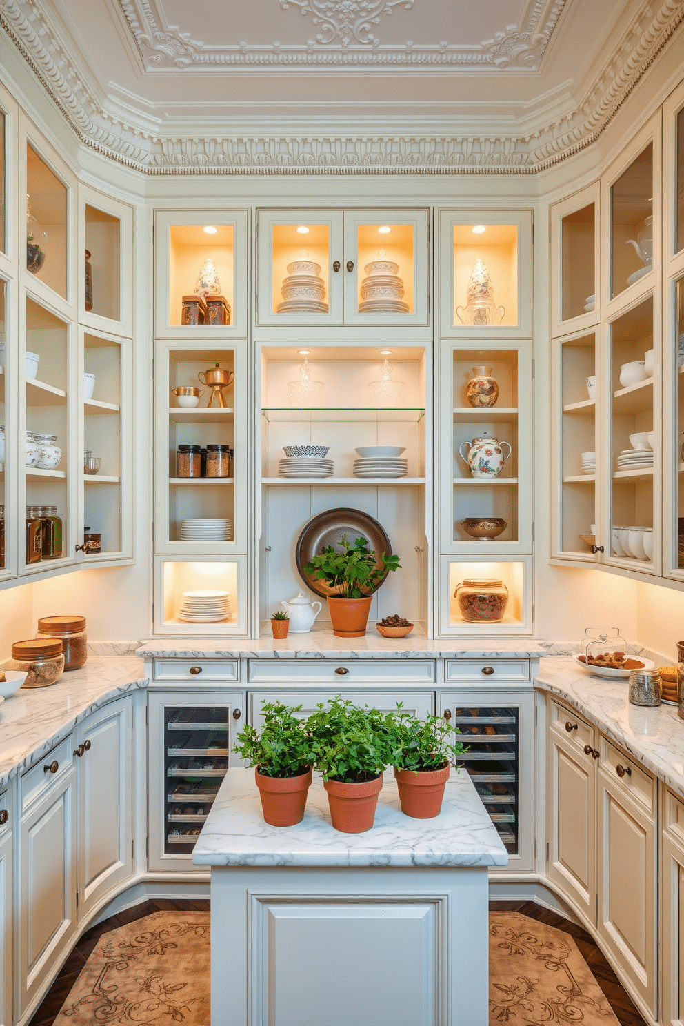 An elegant pantry featuring decorative moldings, with custom cabinetry painted in a soft cream color. The shelves are lined with glass jars and beautiful dishware, creating a visually appealing display. In the center, a small marble island provides additional counter space, adorned with fresh herbs in terracotta pots. Warm, ambient lighting highlights the intricate moldings and enhances the inviting atmosphere.