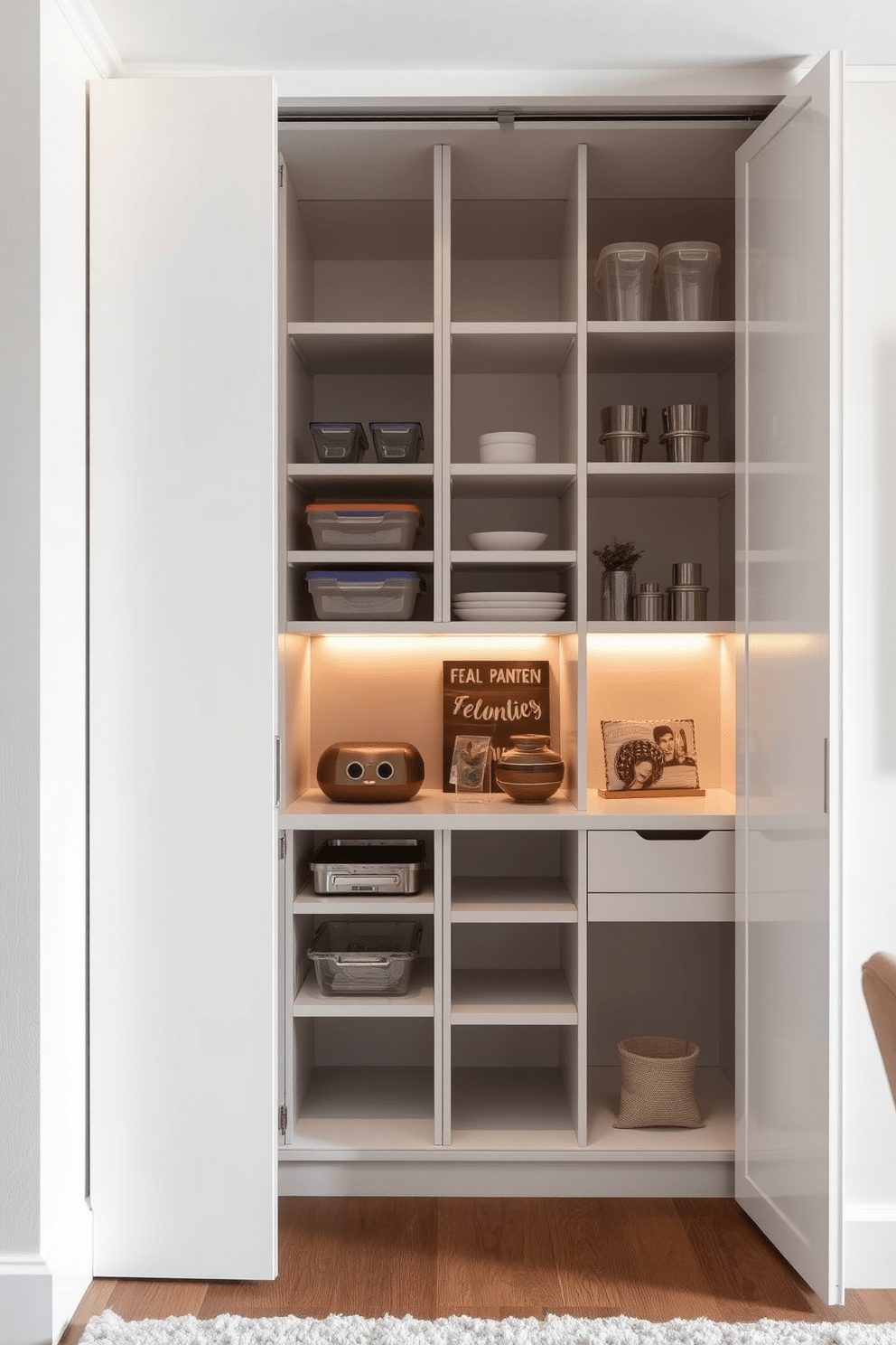 A compact pantry with foldable doors features sleek cabinetry in a soft white finish, maximizing storage while maintaining a minimalist aesthetic. The interior is organized with pull-out shelves and clear containers for easy access, complemented by warm LED lighting that highlights the space. In the dining room, the pantry design incorporates a stylish yet functional element, seamlessly blending with the overall decor. A small countertop area is included for meal prep, adorned with decorative items that enhance the room's elegance.