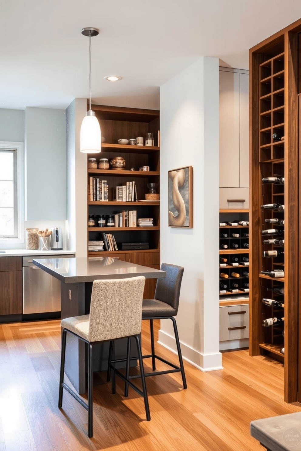 An open concept pantry features a sleek breakfast bar with high stools, seamlessly integrated into the kitchen space. The pantry is adorned with open shelving displaying neatly arranged jars and cookbooks, while a soft pendant light illuminates the area. The dining room pantry showcases a combination of modern cabinetry and rustic elements, providing ample storage for dining essentials. A stylish wine rack is incorporated into the design, complementing the warm wooden accents throughout the space.