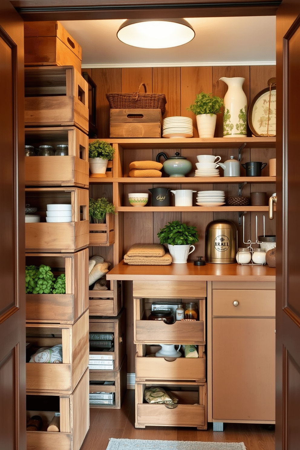 A charming dining room pantry features vintage wooden crates stacked neatly, providing rustic storage that adds character to the space. The crates are filled with an assortment of kitchen essentials, and a warm, inviting color palette enhances the cozy atmosphere. The pantry is illuminated by soft pendant lighting, casting a gentle glow on the reclaimed wood shelves. Decorative elements, such as potted herbs and vintage kitchenware, are artfully arranged to create an inviting and functional display.