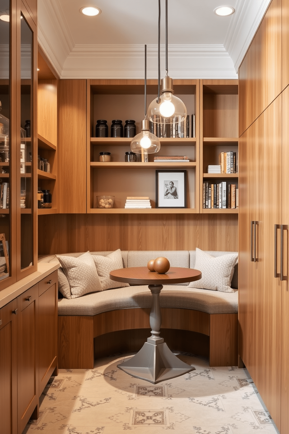 A charming pantry nook featuring a cozy seating area with a built-in bench upholstered in soft, textured fabric. The walls are adorned with open shelving displaying an array of colorful jars and cookbooks, while a small round table sits in the center, inviting casual meals and conversations. The dining room pantry design incorporates sleek cabinetry with a warm wood finish, seamlessly blending functionality and aesthetics. Elegant pendant lights hang above the seating area, creating a welcoming ambiance that encourages family gatherings and entertaining guests.