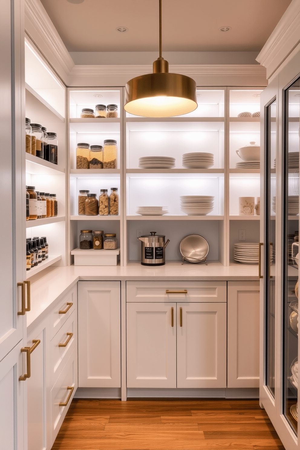 A modern pantry design featuring integrated lighting that illuminates the shelves, showcasing neatly organized jars and containers. The cabinetry is a sleek white with brass hardware, and the floor is a warm wood that complements the overall aesthetic. The dining room pantry is designed with open shelving and glass-front cabinets, allowing for easy access and display of dishware. A pendant light hangs above, casting a warm glow over the space, creating an inviting atmosphere for entertaining guests.