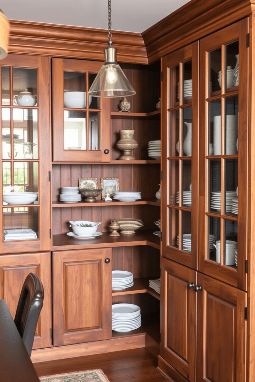 A cozy dining room pantry featuring rustic wood cabinets with glass doors that showcase neatly arranged dishware and decorative items. The warm wood tones are complemented by vintage-style hardware, and the space is illuminated by soft pendant lighting above the pantry area.