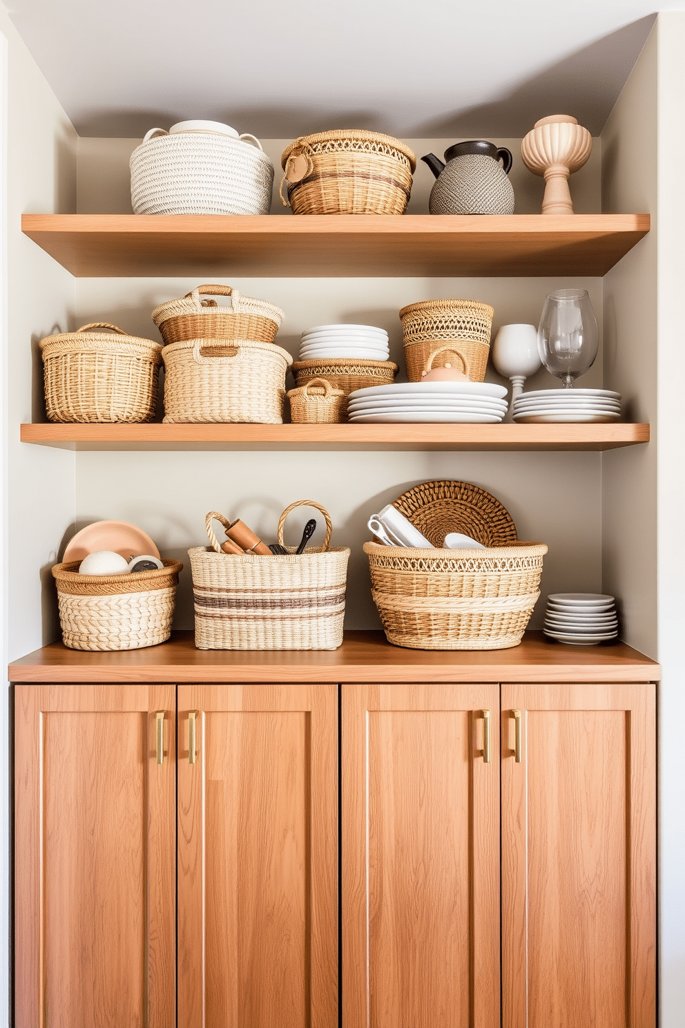 A collection of decorative baskets in varying sizes and textures is arranged on open shelves, showcasing a harmonious blend of natural materials and colors. Each basket is thoughtfully filled with kitchen essentials, adding both functionality and aesthetic appeal to the space. The dining room pantry features sleek cabinetry with a warm wood finish, complemented by elegant brass hardware. Open shelving above the cabinets displays curated dishware and decorative items, creating a welcoming and organized atmosphere.