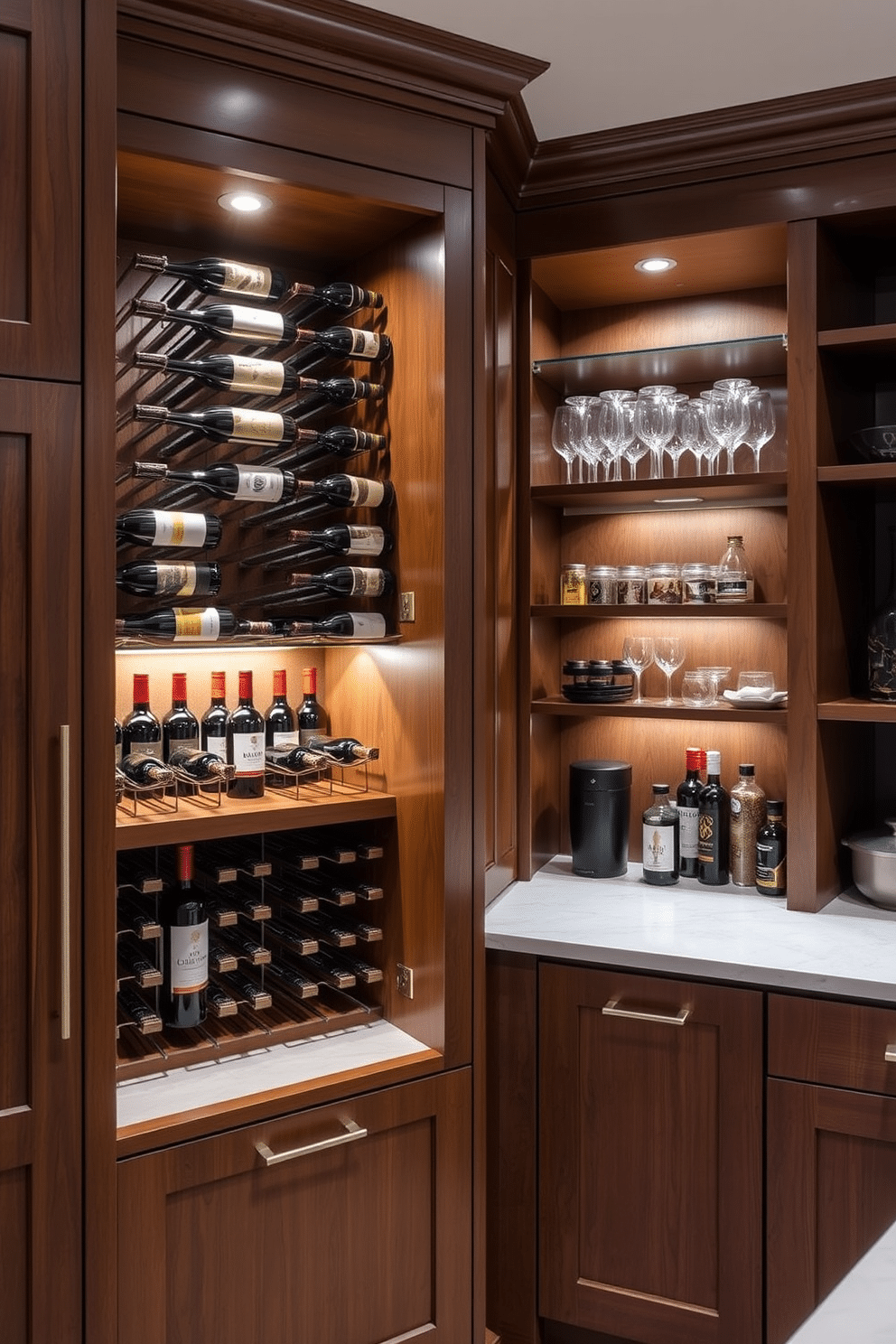 A stylish pantry featuring a built-in wine rack that elegantly showcases a selection of fine wines. The cabinetry is a rich walnut finish, complemented by soft under-cabinet lighting that highlights the wine bottles and provides a warm ambiance. Adjacent to the wine rack, open shelving displays curated glassware and gourmet ingredients, creating a functional yet visually appealing space. The pantry is finished with a sleek marble countertop, enhancing both style and usability for meal prep and entertaining.