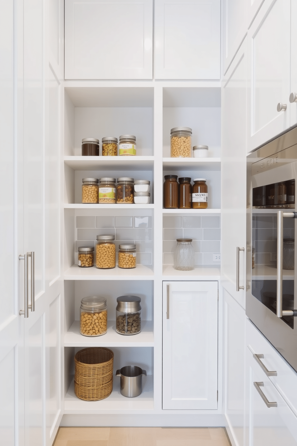 A minimalist pantry featuring clean lines and a sleek design. The cabinetry is painted in a soft white, complemented by brushed nickel hardware, creating a seamless look. Open shelving displays neatly organized jars and containers, adding both functionality and aesthetic appeal. A subtle backsplash in a light gray tile enhances the overall simplicity of the space.