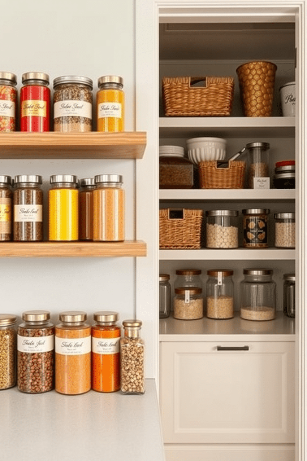 A collection of color-coordinated spice jars arranged on a sleek wooden shelf, showcasing vibrant hues of red, yellow, and green. The jars are labeled in elegant typography, enhancing the aesthetic appeal and organization of the kitchen space. A stylish dining room pantry featuring open shelving with a mix of decorative baskets and glass jars, all harmoniously arranged. The pantry is painted in a soft pastel color, creating a warm and inviting atmosphere for meal preparation and storage.