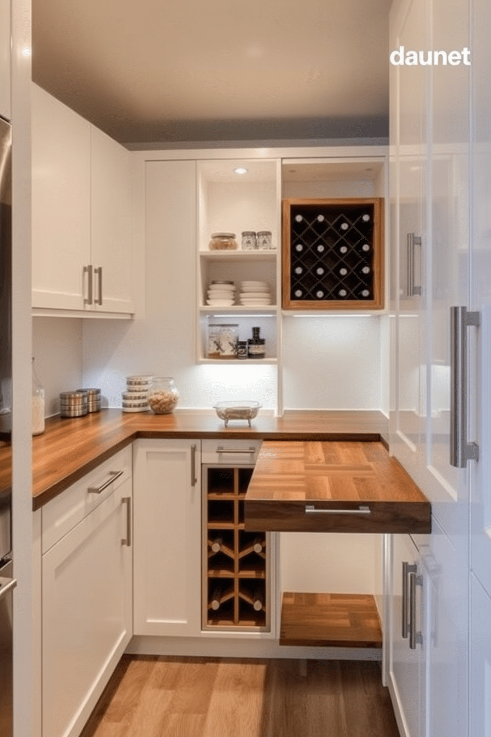 A modern pantry featuring a pull-out countertop that maximizes space efficiency. The cabinetry is a sleek white with brushed nickel hardware, and the countertop is a rich walnut, providing a warm contrast. The pantry is organized with open shelving for easy access to ingredients, and a built-in wine rack adds a touch of elegance. Soft under-cabinet lighting illuminates the workspace, creating a welcoming atmosphere for meal prep and entertaining.