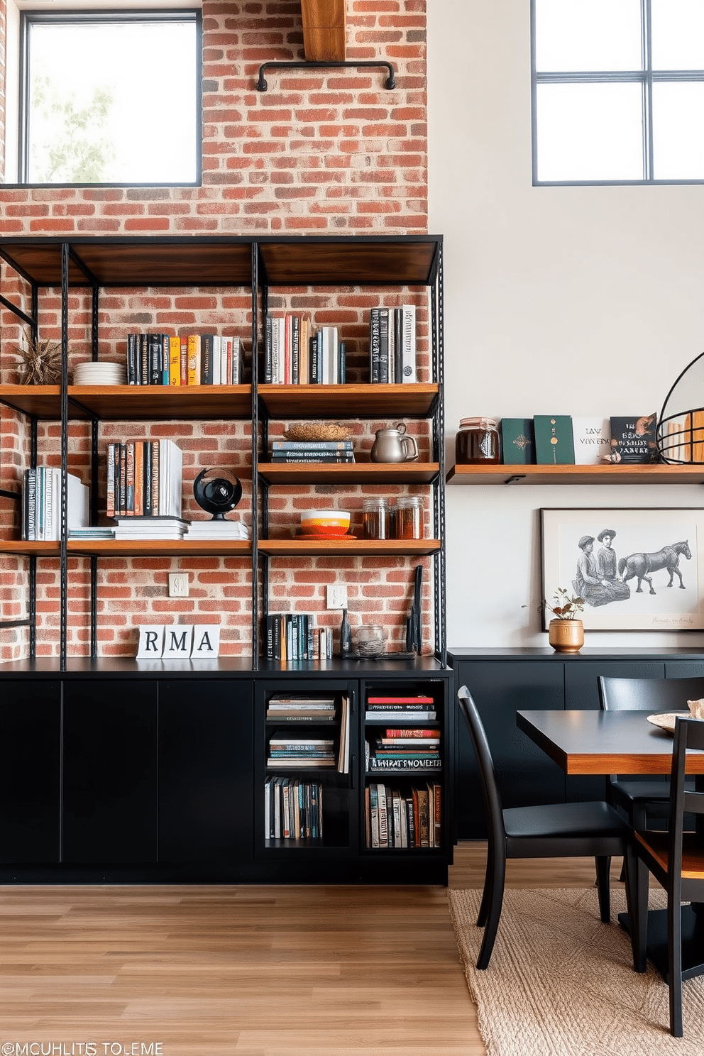 A striking industrial-style shelving unit dominates the wall, featuring raw metal frames and reclaimed wood shelves that showcase an array of books and decorative items. The open design creates an urban vibe, complemented by exposed brick walls and large windows that allow natural light to flood the space. The dining room pantry is designed with sleek cabinetry in a matte black finish, seamlessly integrated into the wall for a modern look. Open shelving above the counter displays artisanal jars and a collection of cookbooks, while a stylish pendant light adds warmth to the inviting atmosphere.