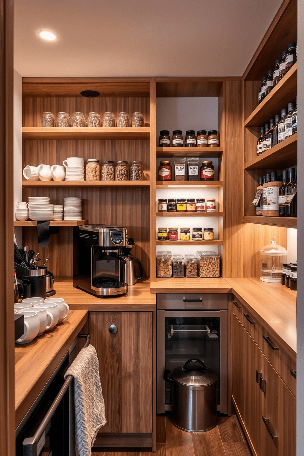 A stylish pantry featuring a dedicated coffee station. The coffee station includes a sleek espresso machine on a wooden countertop, surrounded by neatly organized coffee mugs and an array of gourmet coffee beans. The pantry is designed with open shelving that showcases colorful jars of spices and ingredients. Soft ambient lighting illuminates the space, enhancing the warm wooden tones and creating an inviting atmosphere for culinary creativity.