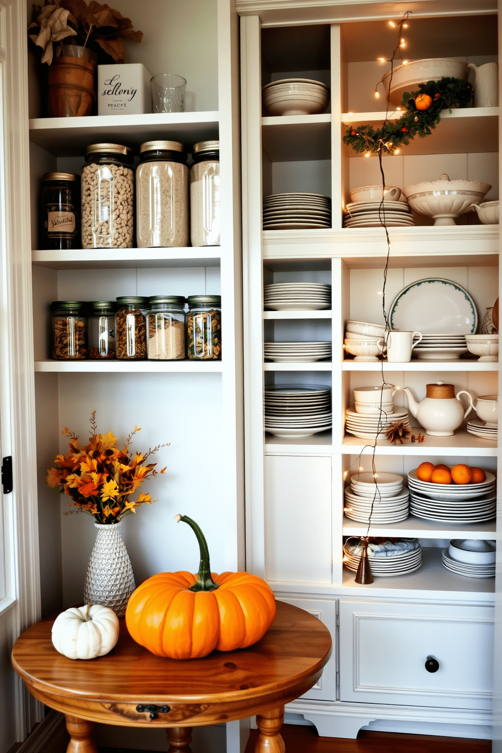 A cozy pantry space adorned with seasonal decor, featuring a mix of autumnal colors and textures. Shelves are lined with decorative jars filled with seasonal spices, and a small wooden table displays a centerpiece of pumpkins and gourds. The dining room pantry showcases elegant storage solutions, with open shelving displaying beautifully arranged dishware and seasonal accents. A soft, warm color palette enhances the inviting atmosphere, while twinkling fairy lights add a touch of charm.