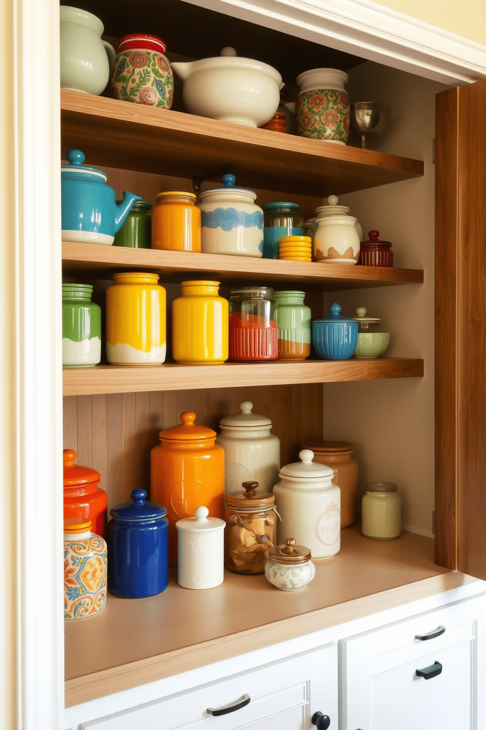 A stylish dining room pantry featuring colorful ceramic jars arranged on open shelving. The jars vary in size and design, adding vibrant pops of color against a backdrop of soft, neutral walls.