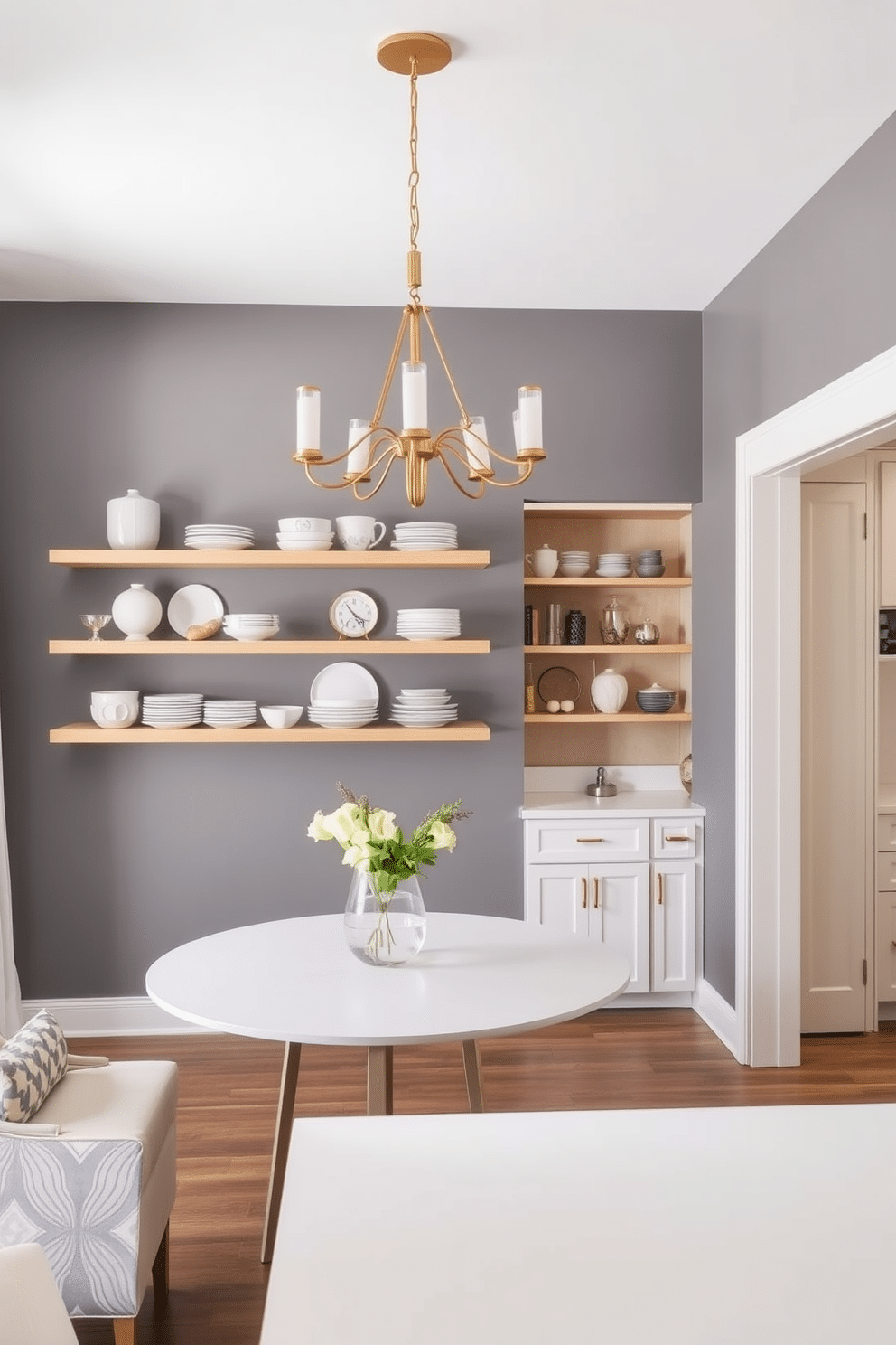 A contemporary dining room featuring sleek floating shelves that display an array of stylish dishware and decorative items. The shelves are made of light wood, creating a warm contrast against the cool gray walls, while a minimalist dining table sits centrally beneath a statement chandelier. A well-organized pantry design seamlessly integrates with the dining area, showcasing open shelving for easy access to essentials. The cabinetry is painted in a soft white, complemented by brass hardware, and the pantry includes a small countertop for meal prep, enhancing both functionality and aesthetics.