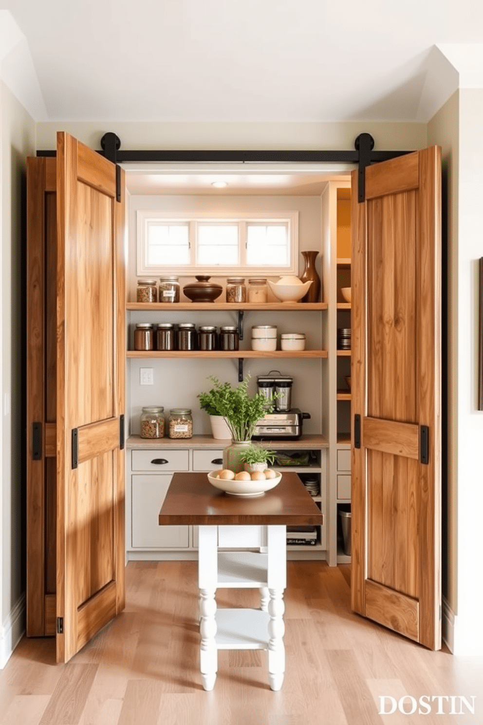 A spacious built-in pantry featuring rustic sliding barn doors that add charm and functionality. Inside, the shelves are neatly organized with labeled glass jars, while a small farmhouse-style table sits in the center for meal prep. The dining room pantry design incorporates a warm color palette with wood accents and open shelving. Decorative elements like potted herbs and stylish cookware enhance the inviting atmosphere, making it a practical yet aesthetically pleasing space.