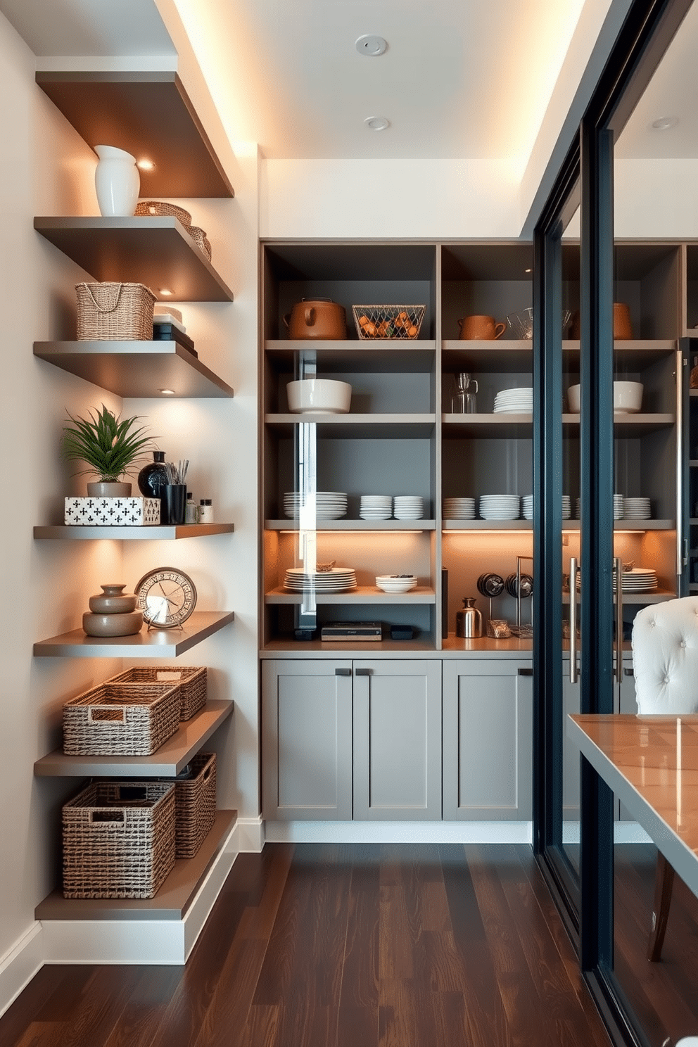 A modern vertical storage solution designed for a small living space. This setup features sleek, built-in shelves that reach from floor to ceiling, showcasing a mix of decorative items and functional storage baskets. An elegant dining room pantry that maximizes space and functionality. The pantry includes custom cabinetry with glass doors, allowing for easy access to organized dishware and pantry essentials, complemented by warm, ambient lighting.