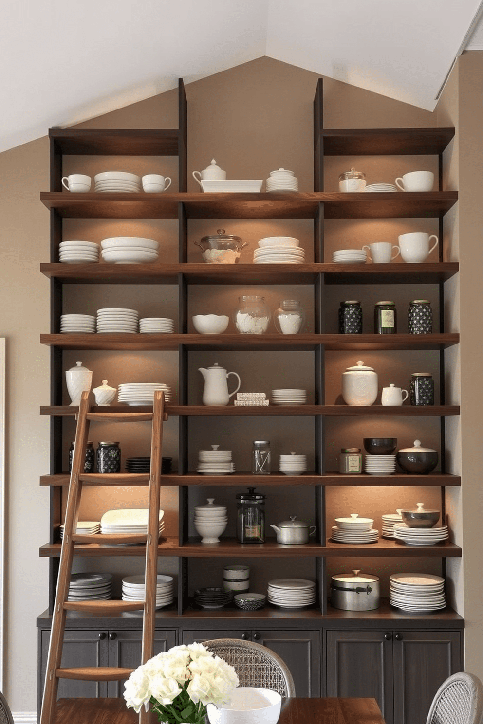 A stylish dining room pantry featuring ladder-style shelves that extend to the ceiling, creating an illusion of added height and spaciousness. The shelves are filled with an assortment of elegant dishware and decorative jars, complemented by soft ambient lighting that highlights the pantry's contents. The pantry's walls are painted in a warm, neutral tone, enhancing the cozy atmosphere of the dining area. A rustic wooden ladder leans against the shelves, providing easy access to the upper levels while adding a charming, functional element to the design.