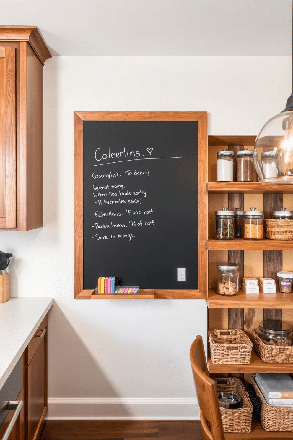 A chalkboard wall is installed in the kitchen, providing a stylish and functional space for grocery lists and notes. The wall is framed with a sleek wooden border, and colorful chalks are neatly arranged on a small shelf below. The dining room pantry features open shelving made of reclaimed wood, showcasing neatly organized jars and baskets for easy access. Soft pendant lighting illuminates the space, creating a warm and inviting atmosphere perfect for entertaining.