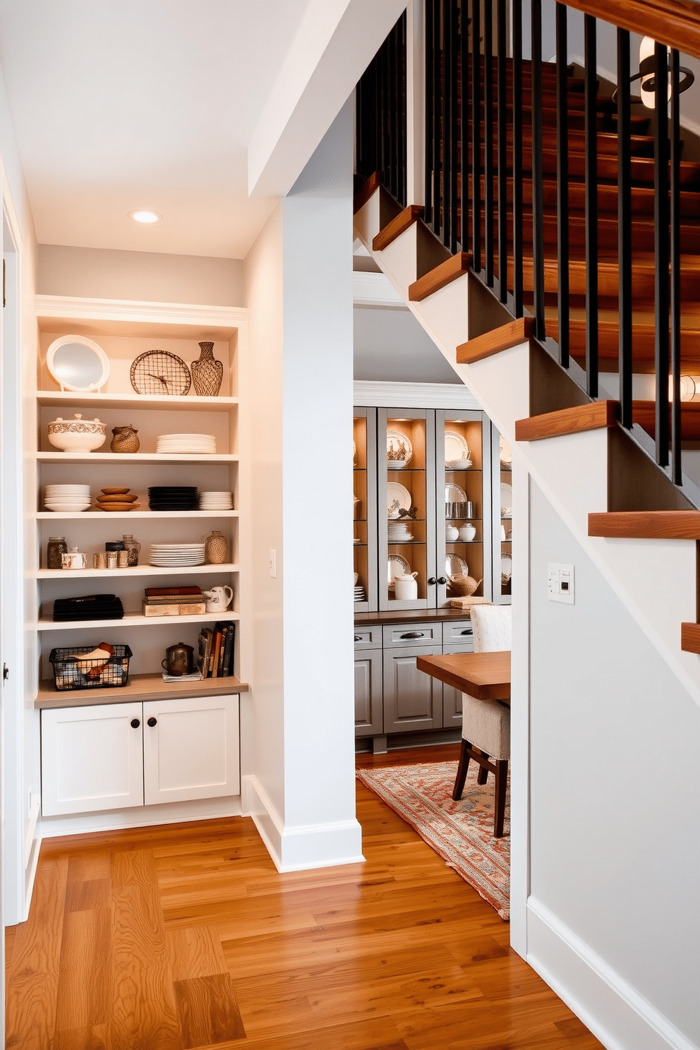 A cozy under-stair pantry with custom shelving that maximizes storage space. The walls are painted a soft white, and the floor features warm wooden planks, creating an inviting atmosphere. In the dining room, a stylish pantry design showcases glass-front cabinets filled with dishware and decorative items. A small countertop area provides space for meal prep, while elegant pendant lights add a touch of sophistication to the setting.