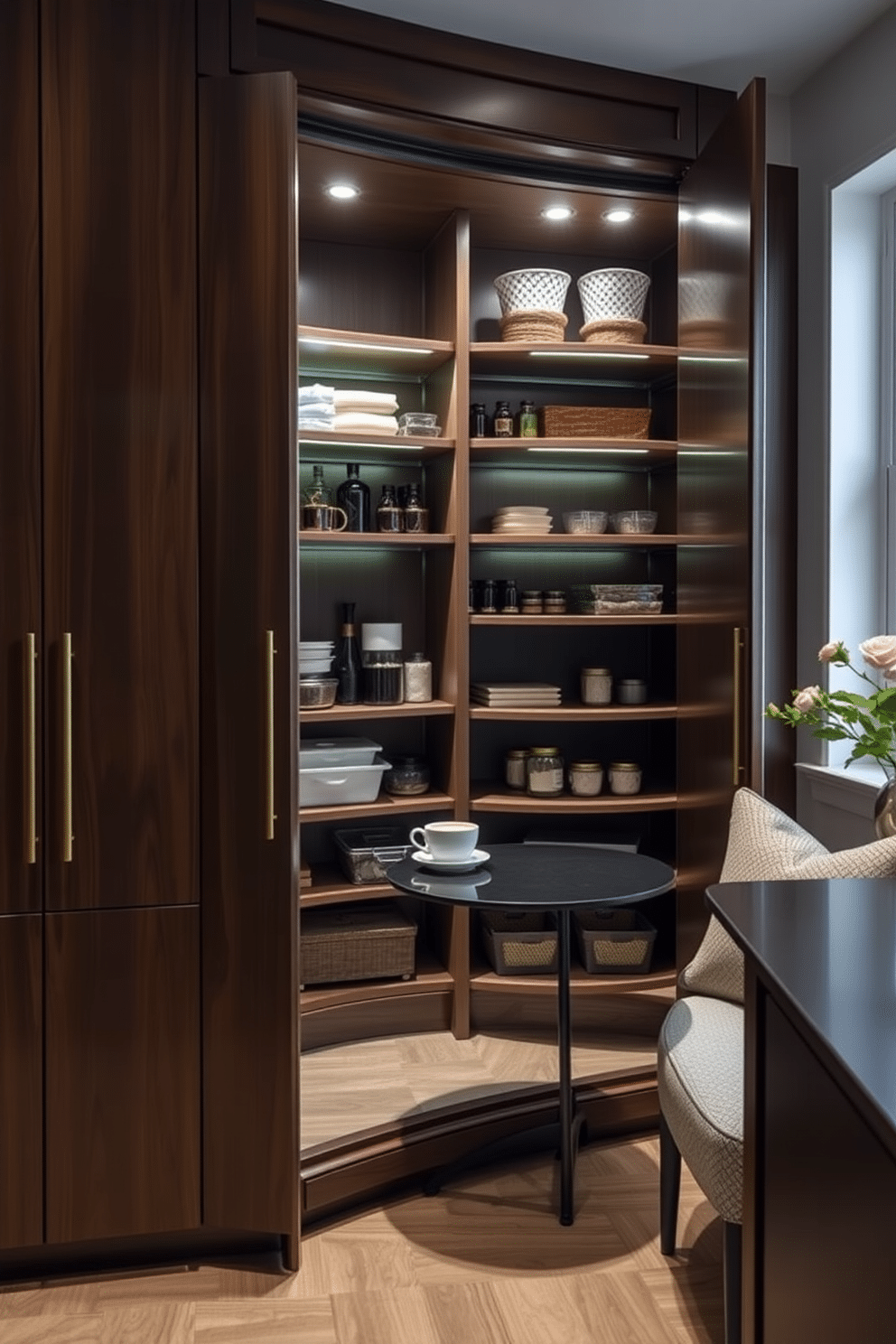 A stylish corner pantry featuring rotating shelves for optimal storage efficiency. The cabinetry is crafted from rich walnut wood, with sleek brass handles adding a touch of elegance. The interior is illuminated by soft, recessed lighting that highlights the organized shelves filled with various kitchen essentials. A cozy seating nook with a small round table is placed nearby, perfect for enjoying a morning coffee.