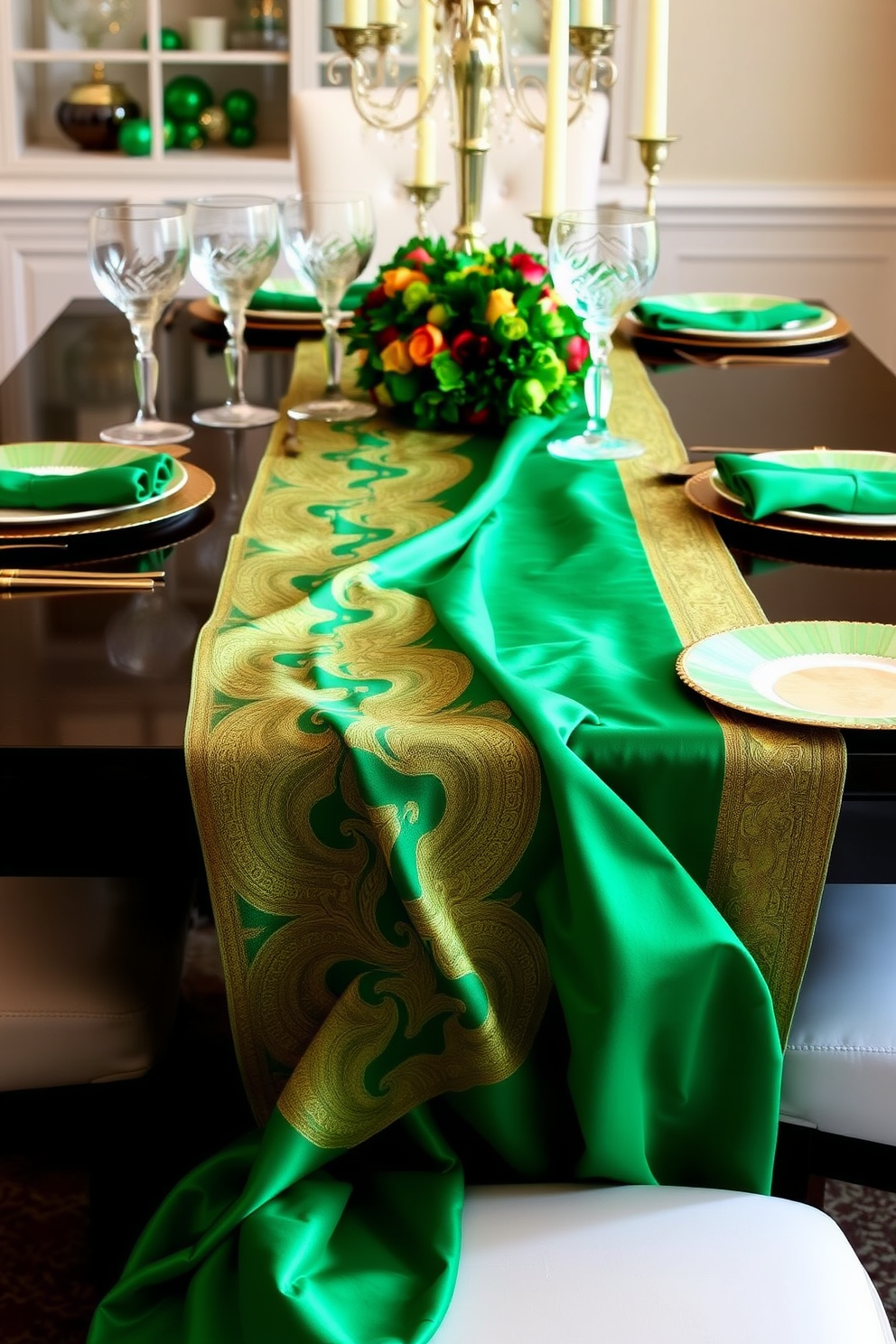 A beautifully set dining table adorned with a vibrant green and gold table runner that flows elegantly across the center. The runner is complemented by gold-accented dinnerware and sparkling crystal glassware, creating a festive ambiance for St. Patrick's Day celebrations.