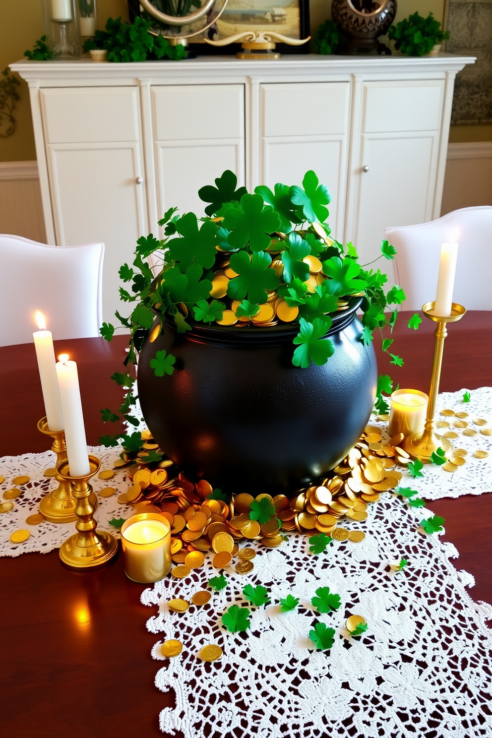 A stunning dining room centerpiece features a large pot of gold, overflowing with shimmering gold coins and vibrant green shamrocks. Surrounding the pot, a white lace table runner adds an elegant touch, while flickering candles in gold holders create a warm, inviting atmosphere for St. Patrick's Day celebrations.