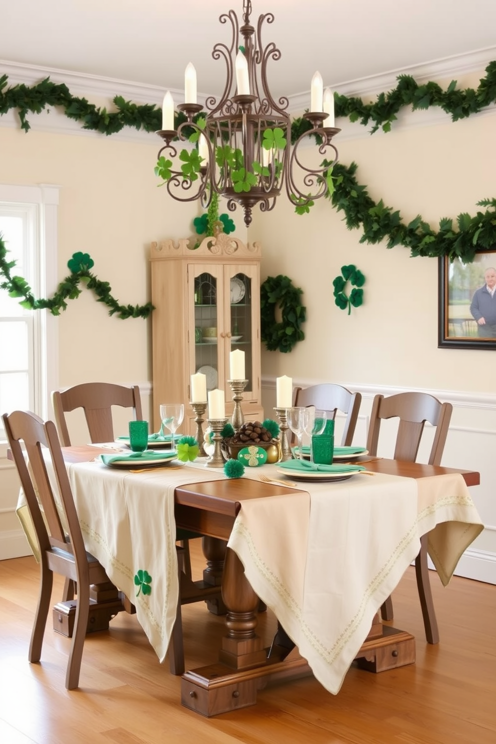 A charming dining room setting adorned with an Irish linen tablecloth draped elegantly over a rustic wooden table. The table is set for a festive St. Patrick's Day celebration, featuring green and gold accents, including decorative shamrocks and candles in glass holders. Above the table, a sparkling chandelier casts a warm glow, enhancing the cozy atmosphere. The walls are painted in a soft cream color, complemented by green garlands and seasonal decorations that evoke the spirit of the holiday.