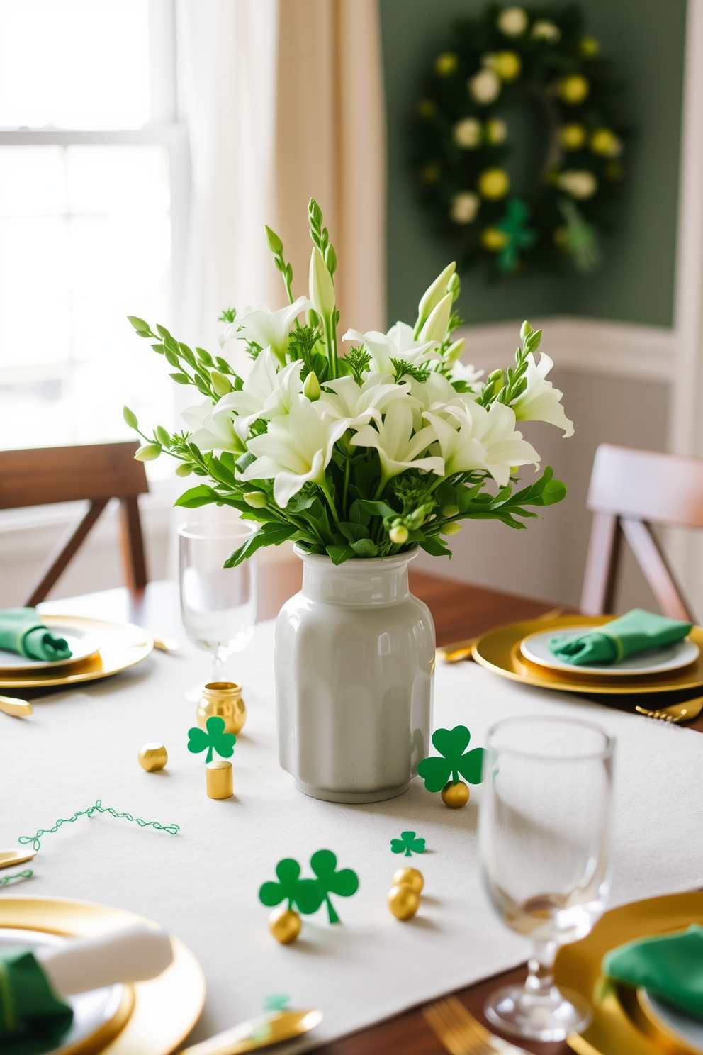 A vibrant green and white floral arrangement sits elegantly in a ceramic vase at the center of the dining table. Surrounding the vase are festive St. Patrick's Day decorations, including small shamrock accents and gold-toned tableware that enhance the celebratory atmosphere.