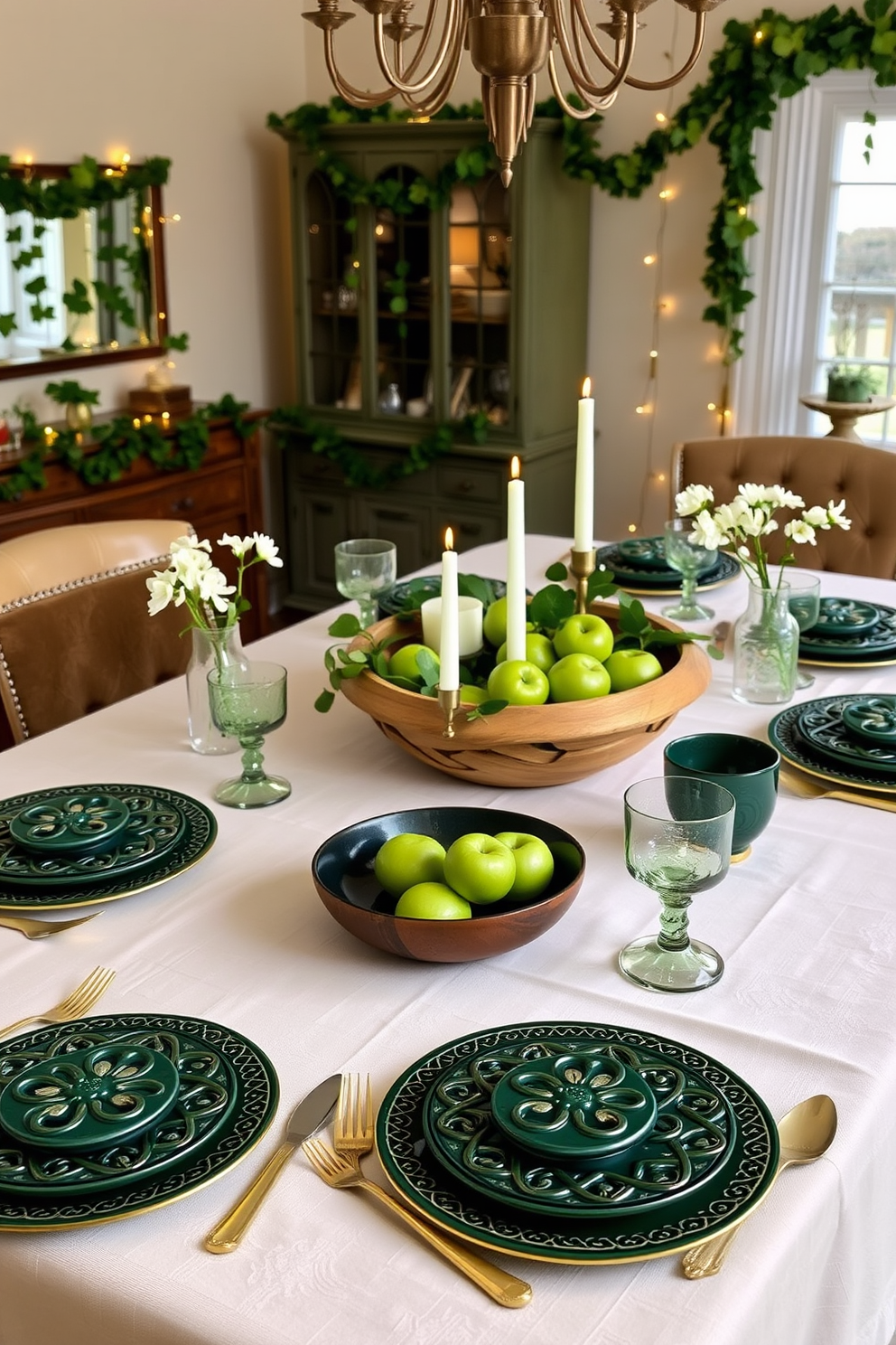 A beautifully set dining table adorned with intricate Celtic knot tableware, featuring deep green plates and gold accents. The table is elegantly draped with a soft linen tablecloth, complemented by lush greenery and small white flowers in decorative vases. For St. Patrick's Day, the dining room is festively decorated with hanging garlands of shamrocks and twinkling fairy lights. The ambiance is warm and inviting, with a centerpiece of a rustic wooden bowl filled with vibrant green apples and candles.