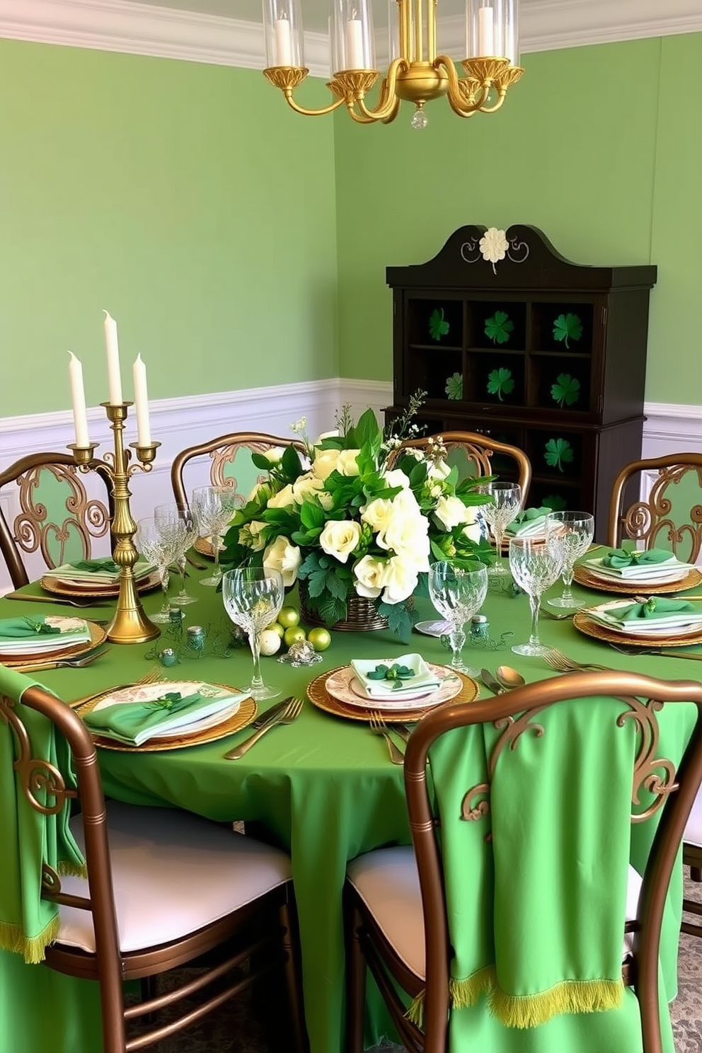 A beautifully set horseshoe table adorned with vibrant green linens and gold accents creates an inviting atmosphere for St. Patrick's Day celebrations. Centered on the table is a stunning floral arrangement featuring white and green blooms, surrounded by elegant gold candlesticks and festive shamrock decorations. The place settings include fine china with intricate gold detailing, complemented by sparkling crystal glassware. Each chair is draped with a soft green throw, adding warmth and comfort to the dining experience while enhancing the festive theme.