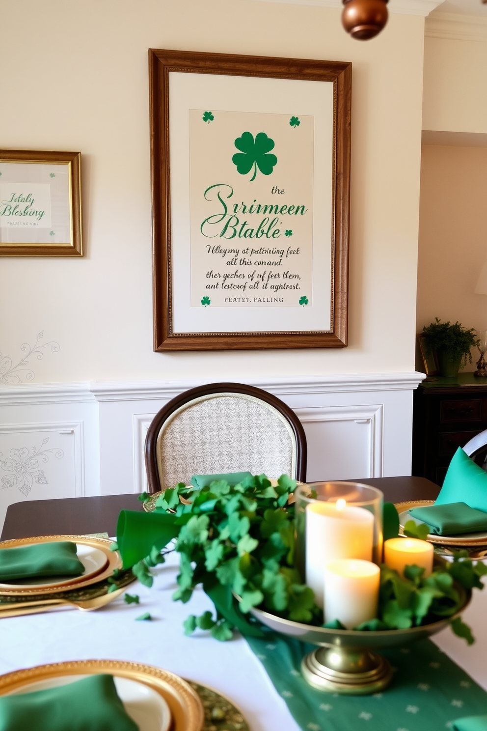 A charming dining room setting adorned with an Irish blessing table sign, elegantly framed in a rustic wood frame. The table is set with green and gold accents, featuring a festive centerpiece of fresh shamrocks and candles to celebrate St. Patrick's Day. The walls are decorated with subtle green and white patterns, enhancing the festive atmosphere. Soft, ambient lighting casts a warm glow over the space, inviting guests to gather and enjoy a celebratory meal.