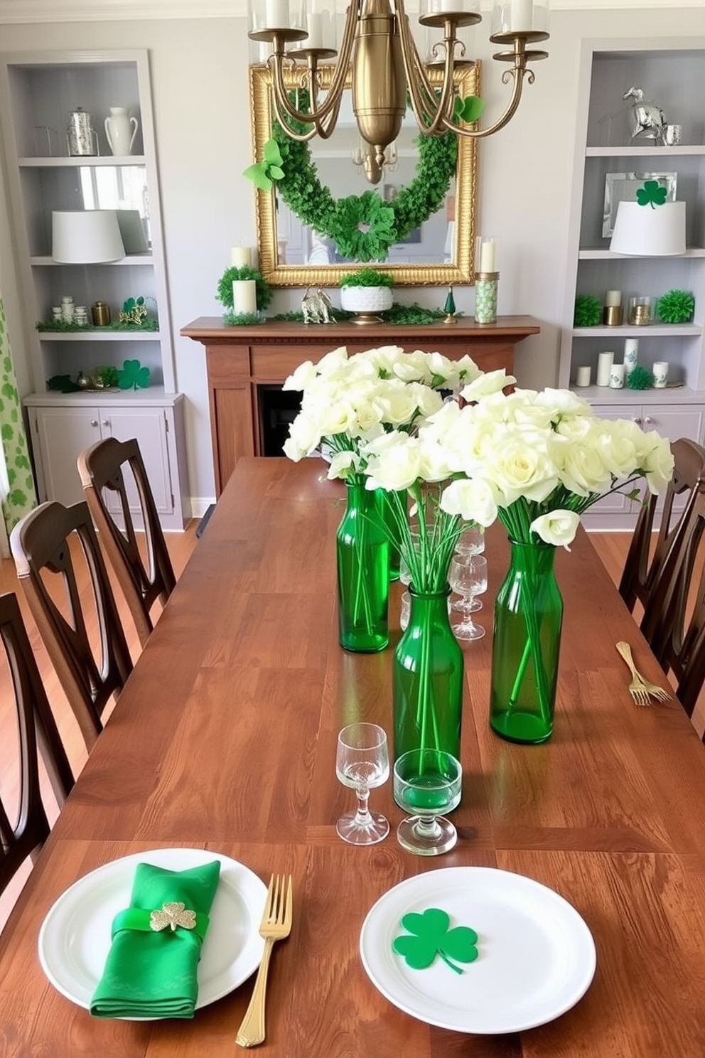 A stylish dining room adorned for St. Patrick's Day, featuring a long wooden table set with elegant green glass vases filled with fresh white flowers. The table is complemented by gold cutlery and white dinnerware, while festive green and gold accents are scattered throughout the space, including shamrock-themed napkins and decorative candles.